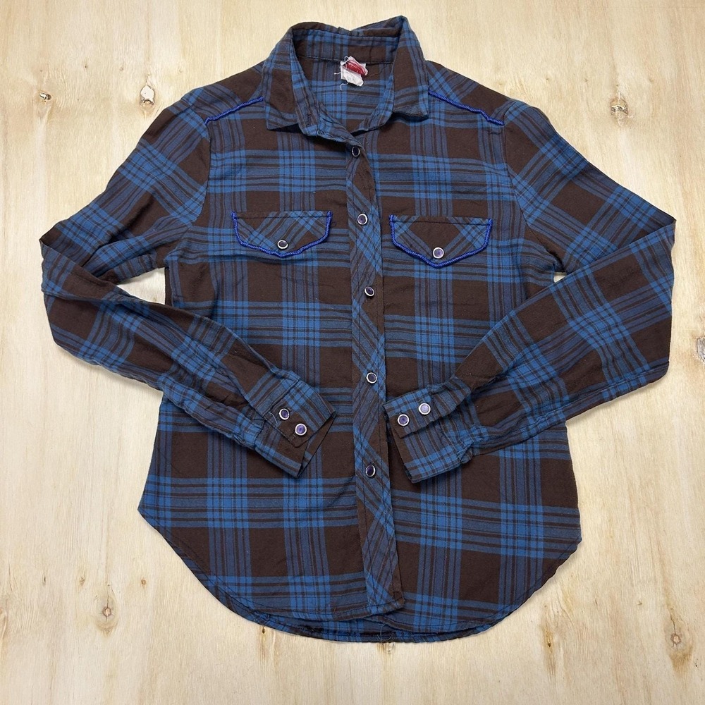 Y2K Spree Pyros Shirt Women Small Brown Plaid Flannel Long Sleeve Snap Button Up